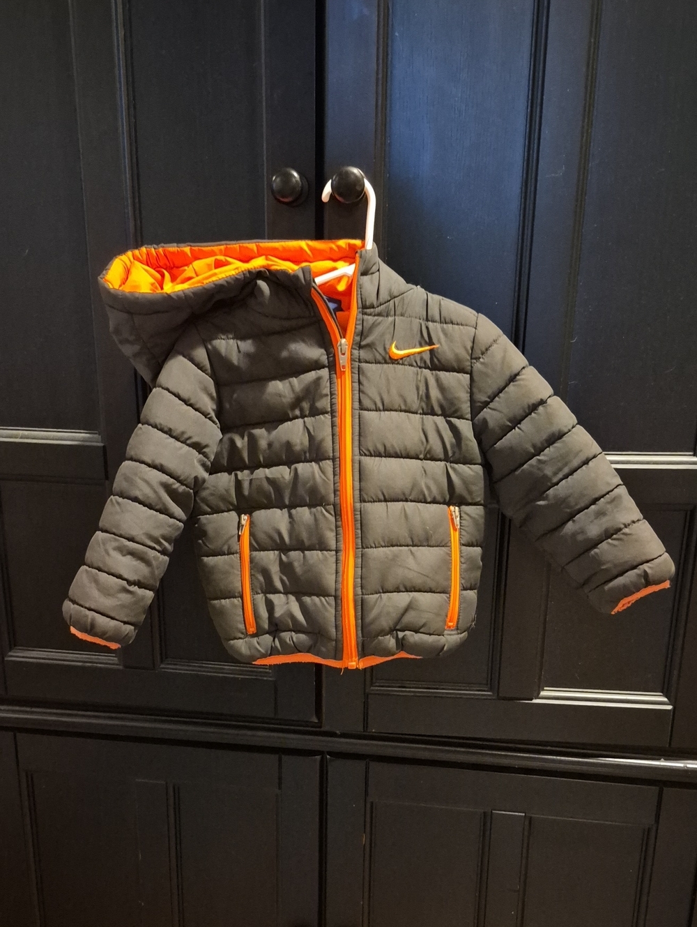 Nike Kids Gray Puffer Jacket with Bright Orange Trim